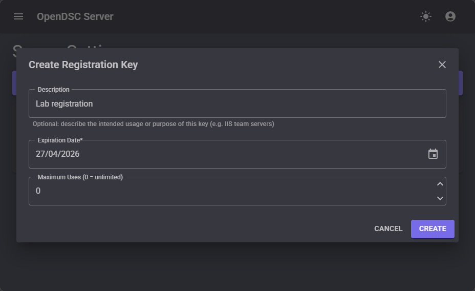 Create registration key